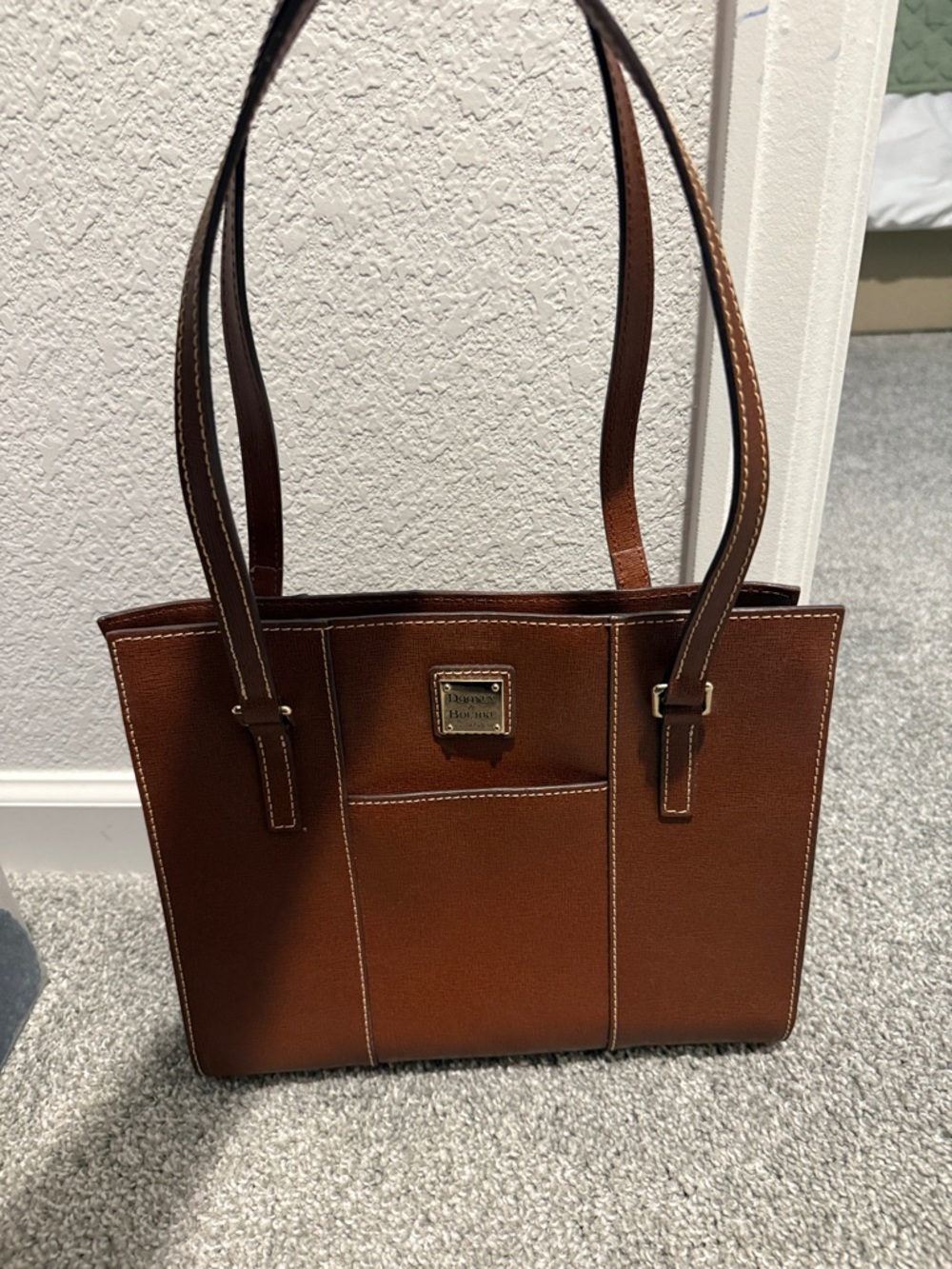 Dooney & Bourke Chestnut Brown Leather Tote with Gold Plaque